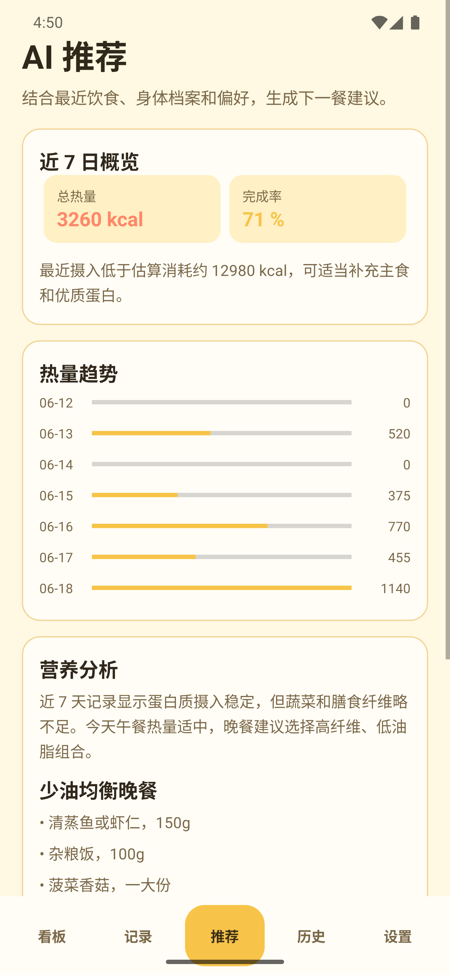 Glosc Nutri AI 推荐页面，展示近 7 日概览、热量趋势和下一餐建议